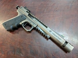 VOLQUARTSEN 1911 SCORPION 22LR 10 SHOT CASED WITH TWO MAGS 6 INCH BARREL WITH COMPENSATOR BATTLE WORN CERAKOTE FINISH HOGUE GRIPS